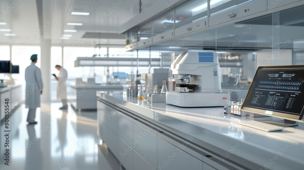 Obraz premium High-tech medical lab with scientists analyzing DNA.