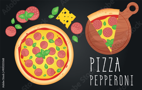 Pizza vector image. Fast food concept. Food for cafe and restaurant. Element for your website design, banners and advertising. Dough, cheese, sauce