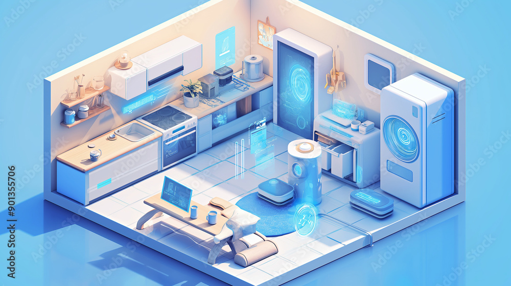 Visually Stunning Smart Home Showcasing the Power of the Internet of Things with Connected Devices and Appliances, Including Smart Refrigerators, Coffee Makers, and Ovens, All Communicating to Simplif Visually Stunning Smart Home Showcasing the Power of the Internet of Things with Connected Devices and Appliances, Including Smart Refrigerators, Coffee Makers, and Ovens, All Communicating to Simplif