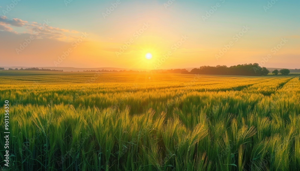 Golden Sunset Over a Field of Wheat at Dusk Golden Sunset Over a Field of Wheat at Dusk