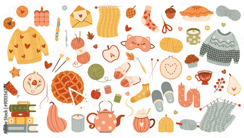 Autumn set of cute and cozy design elements. Fall mood. Hygge style, hand drawn vector, scandinavian doodle sketchy elements. Autumn plants, food, Fall, Thanksgiving Day, Autumn season. Vector flat