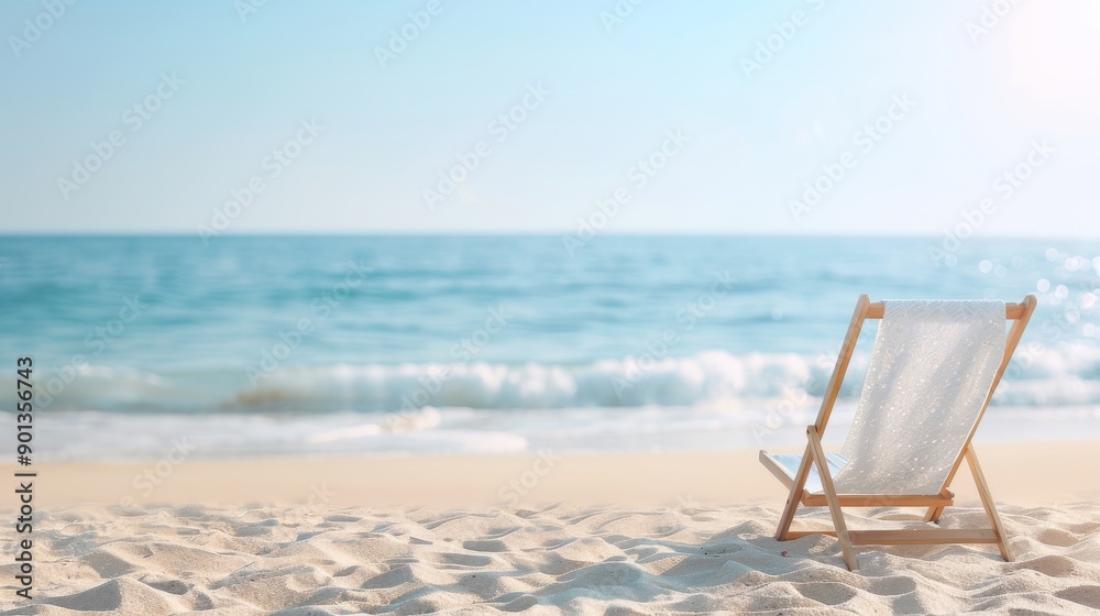 A serene beach scene featuring a wooden lounge chair on soft sand, ideal for relaxation and escape by the ocean. A serene beach scene featuring a wooden lounge chair on soft sand, ideal for relaxation and escape by the ocean.