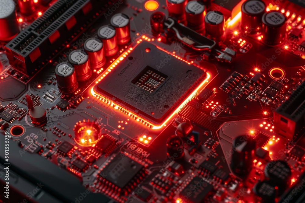 High tech processor on a glowing circuit board highlighting advanced ...