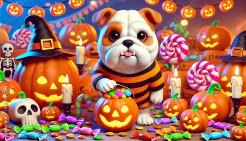 3D Cartoon Dog in Halloween Costume with Festive Decor.