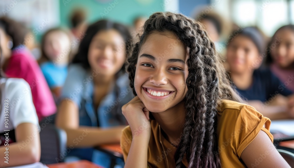 Happy Teenage Girl Smiling in a Classroom Setting Happy Teenage Girl Smiling in a Classroom Setting