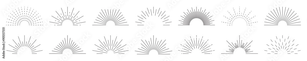 Obraz premium Vintage sunburst set vector. Bursting sun rays, sunrise, radial sunlight emblems. Sunbeam, sunset, sunshine collection.