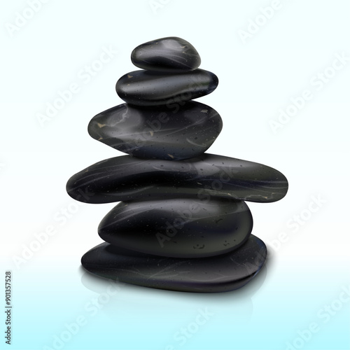 Realistic zen stones. Pebbles pile tower balance, tranquility wellbeing nature serenity meditation concept spa massage smooth stone stack meditative rocks exact vector illustration
