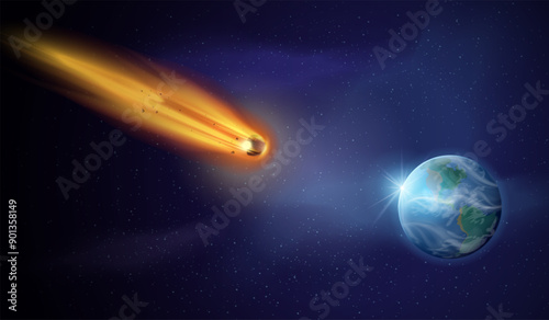 Asteroid falling on earth. Flying burning meteor shower falls on planet, space object lights fire meteorite flame comet in galaxy sky universe background, exact vector illustration