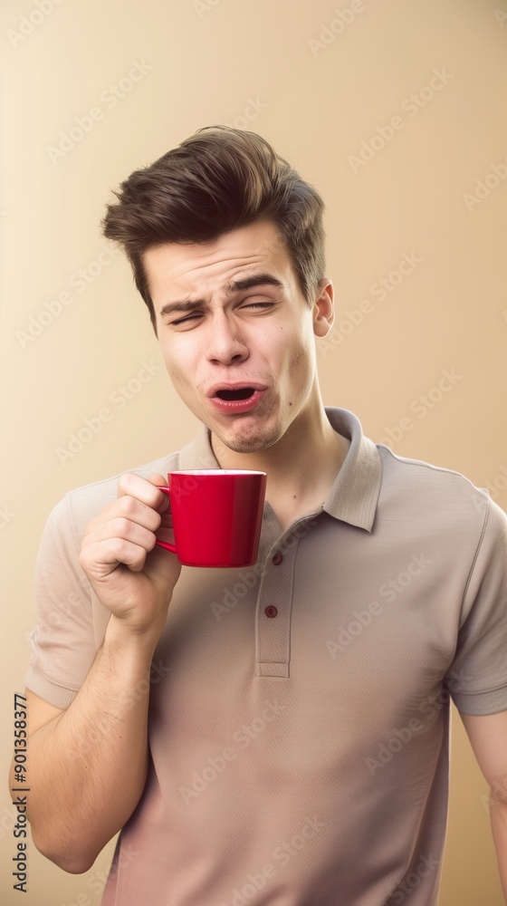 Man making a funny face while drinking a cup of coffee, expressing displeasure at the taste. Man making a funny face while drinking a cup of coffee, expressing displeasure at the taste.