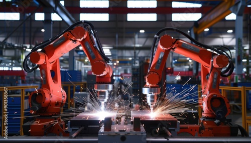 Two Red Industrial Robots Welding Metal in a Factory