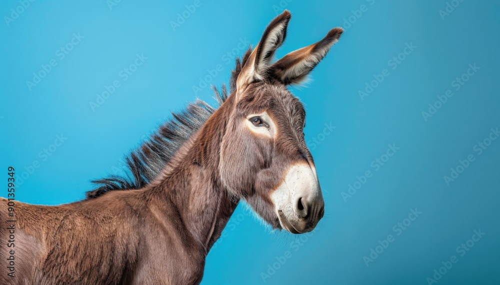 Brown Donkey Portrait Against Blue Background Brown Donkey Portrait Against Blue Background