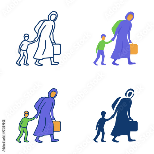 Migrants or refugees icon set in flat and line style. Relocation of people, leaving home. Vector illustration.