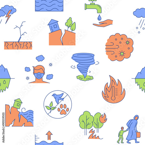 Climate change consequences seamless pattern. Vector illustration.