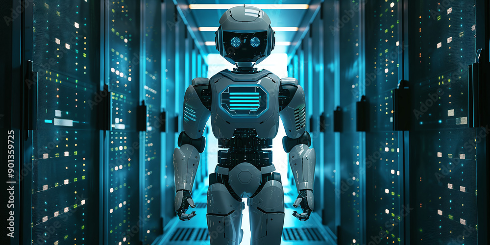 Fototapeta premium An artificial intelligence robot stands in the server room, symbolizing the large consumption of computing power by artificial intelligence.