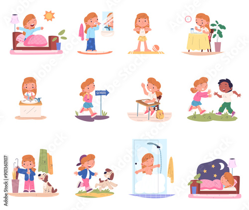 Kid daily routine. School or preschool children day schedule, sleep morning bathroom hygiene teeth washing education play bedtime, cartoon child life set classy vector illustration