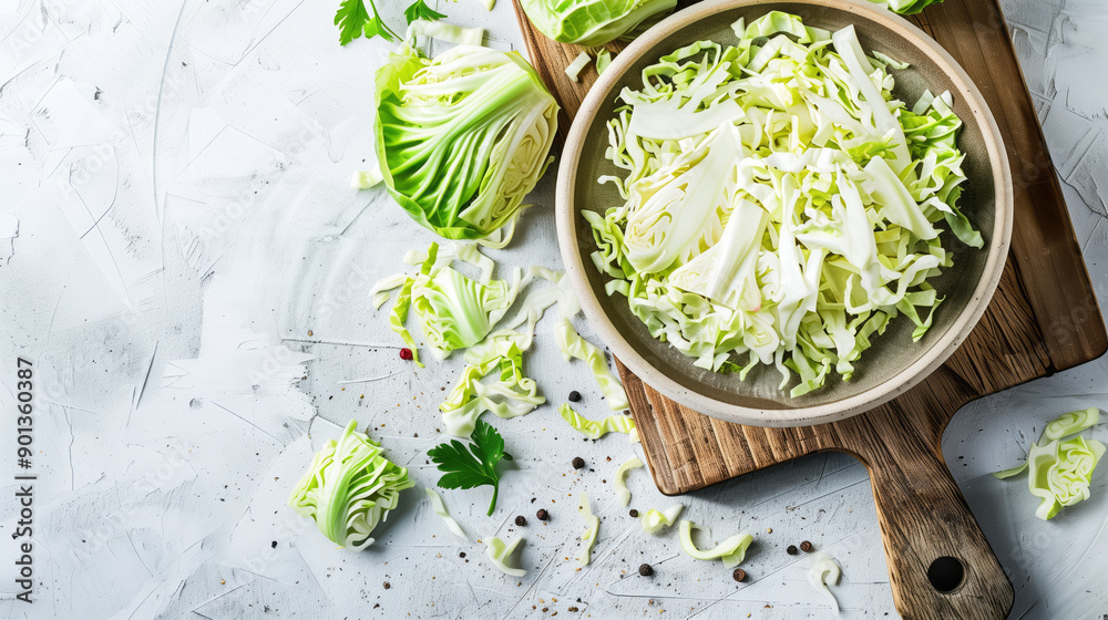 Cabbage pieces filled in bowl placed on chopping board Cabbage pieces filled in bowl placed on chopping board