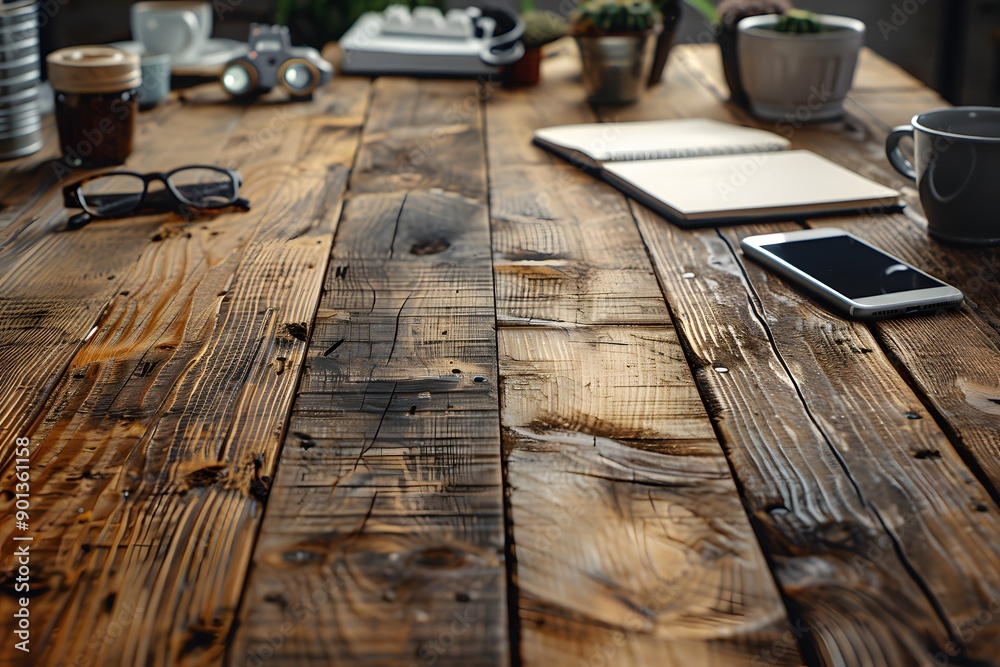 Rustic Wooden Desk with Notebook, Smartphone, and Office Supplies - Ideal for Business and Creative Designs Rustic Wooden Desk with Notebook, Smartphone, and Office Supplies - Ideal for Business and Creative Designs