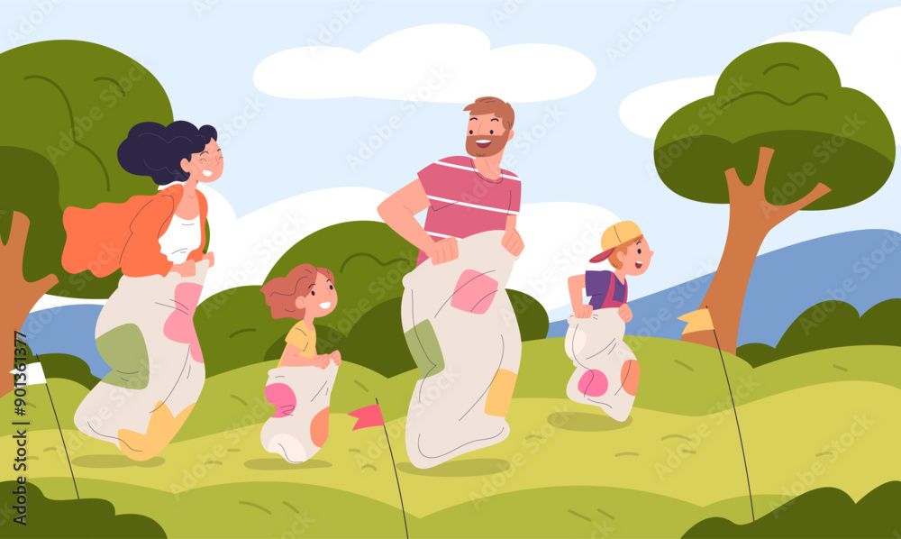 Fototapeta premium Sack race. Happy people jump in sacks, family outdoor competition fan game together jumping parents man and woman celebrate national festival indonesia, classy vector illustration