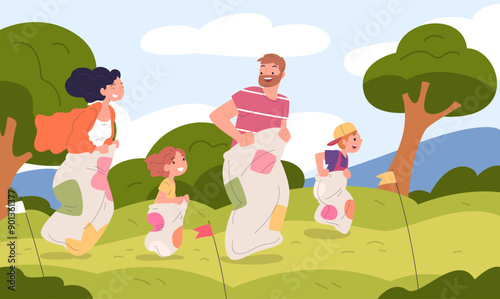 Sack race. Happy people jump in sacks, family outdoor competition fan game together jumping parents man and woman celebrate national festival indonesia, classy vector illustration