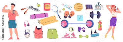 People gym tools. Athlete in sportswear selfie phone, sport facility devices equipment for exercise workout various weight dumbbell man woman training, classy vector illustration