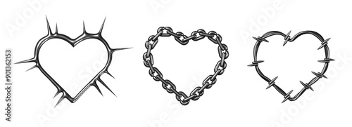 Y2k set of frames liquid metal hearts. Chain, barbed wire, thorns retro design for decor.