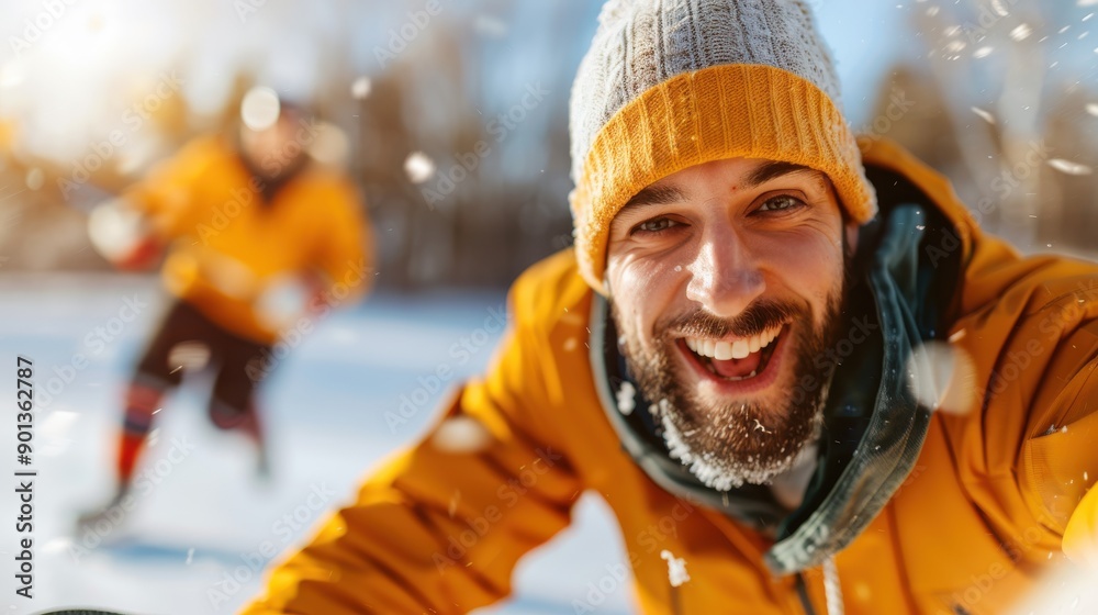 An outdoor enthusiast is skating joyfully on a frozen pond, wearing a warm yellow jacket and beanie, with friends playing in the background in the bright winter sun. An outdoor enthusiast is skating joyfully on a frozen pond, wearing a warm yellow jacket and beanie, with friends playing in the background in the bright winter sun.