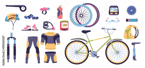 Mountain bike parts. Cyclist gear bicycle technical part kit, biking service equipment extreme sport cycle wheel pedal chain mtb element cross cycling, classy vector illustration