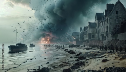 Canvas Print Soldiers Advance on a French Beach During a Bombardment