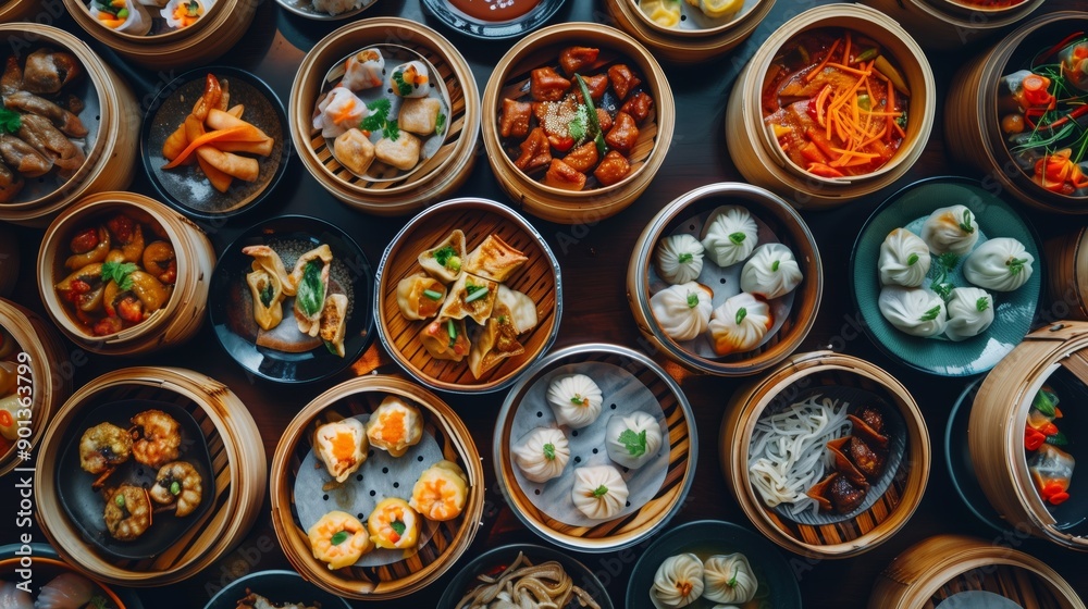 An overhead shot of various dim sum dishes served in bamboo baskets, showcasing diverse flavors, textures, and vibrant colors. An overhead shot of various dim sum dishes served in bamboo baskets, showcasing diverse flavors, textures, and vibrant colors.