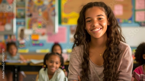 A young woman, her smile radiating genuine warmth and care, welcomes her students into the classroom each morning, creating a space where they feel loved and supported