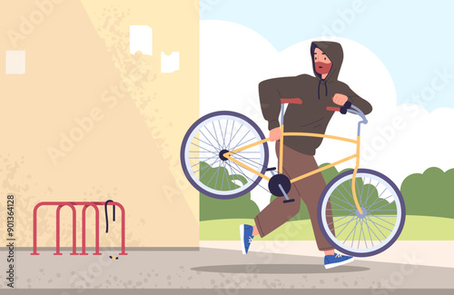Bicycle thief. Running burglar man carrying stolen bike, theft steal cycle criminal break laws stealing insurance transport street security bikes robbery classy vector illustration
