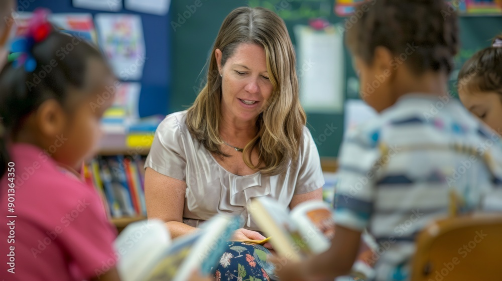Fototapeta premium A female teacher, her classroom a haven for learning and growth, fosters a love of reading in her students, opening their minds to new worlds and possibilities