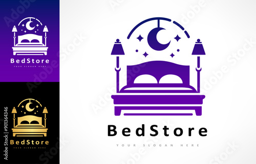 Bed store logo. Bed with pillows, stars and the moon logo vector design. The night sky.