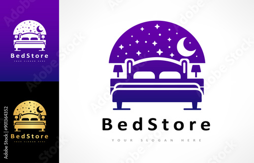 Bed store logo. Bed with pillows, stars and the moon logo vector design. The night sky.