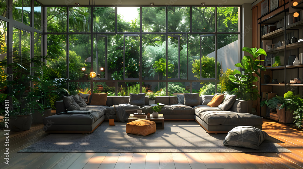 Modern Living Room Interior Design with Sectional Sofa and Large Window View of Lush Greenery 3D Illustration Modern Living Room Interior Design with Sectional Sofa and Large Window View of Lush Greenery 3D Illustration