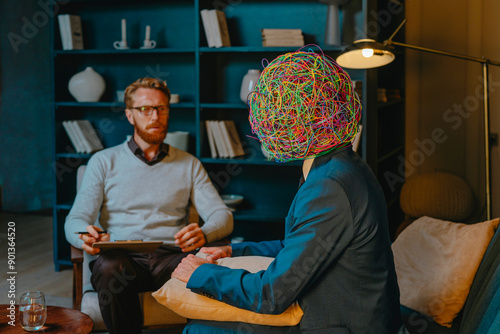 Patient wearing mask of chaos and explaining problems to psychotherapist