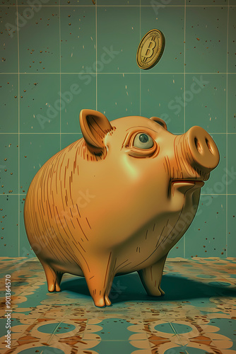 This humorous image features a piggy bank looking up at a coin about to drop. The floor has a Bitcoin design, blending traditional savings with modern cryptocurrency elements. photo