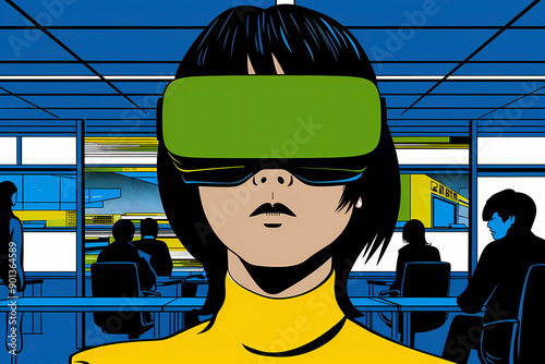 A digital illustration features a person wearing a VR headset, located in a blue-toned office with various background figures, highlighting the blend of technology and everyday life.