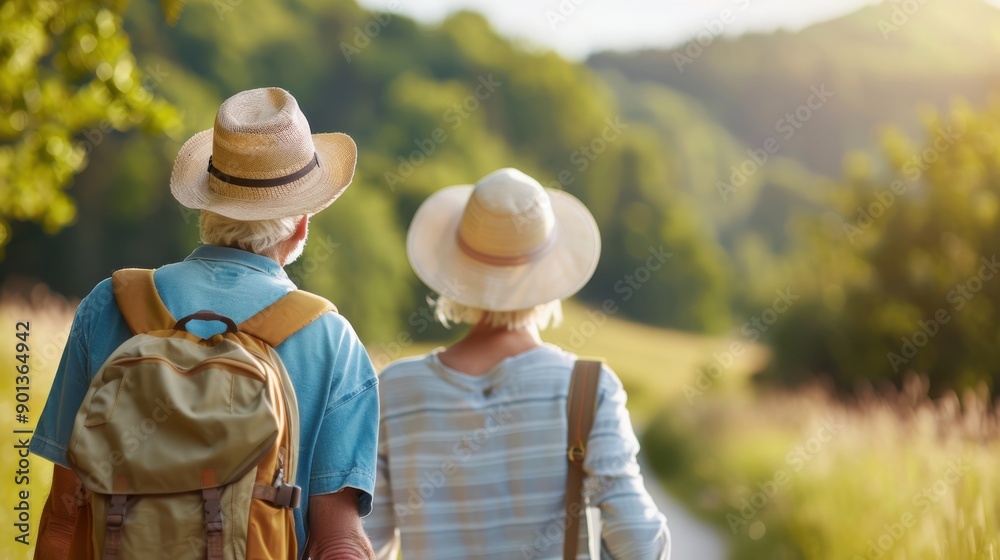An elderly couple wearing summer hats and backpacks, enjoying a hike along a scenic, sunlit trail in a lush, green forest with hills in the background. An elderly couple wearing summer hats and backpacks, enjoying a hike along a scenic, sunlit trail in a lush, green forest with hills in the background.
