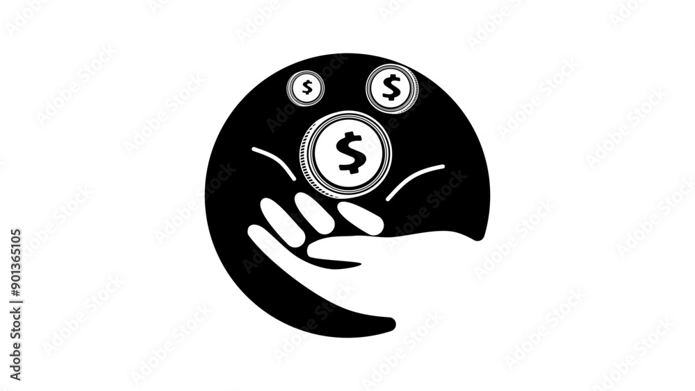 Obraz premium Profit emblem , hand with coin, black isolated silhouette