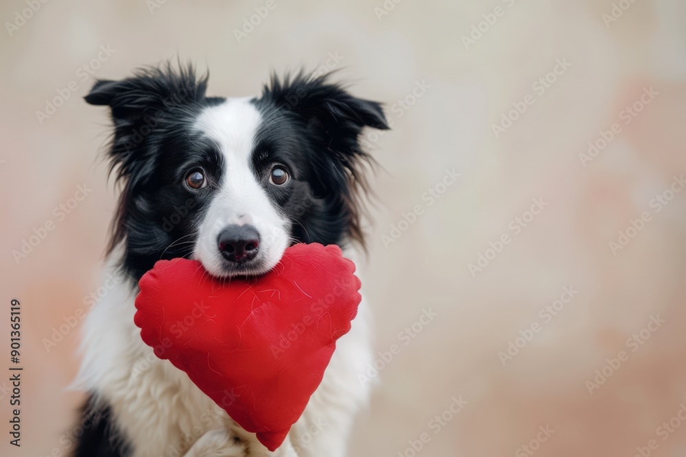 black and white border collie holding a red heart in its mouth. dog day black and white border collie holding a red heart in its mouth. dog day