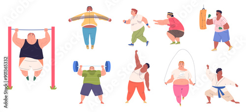 Fat people training. Obese person fitness gym or outdoor summer workout, funny chubby characters active sport exercise running jumping for weight loss, classy vector illustration