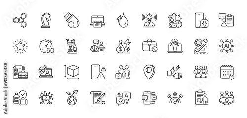 Inspect, Timer and Calendar line icons pack. AI, Question and Answer, Map pin icons. Jobless, Meeting, Hydroelectricity web icon. Healthcare calendar, Difficult stress, Project edit pictogram. Vector