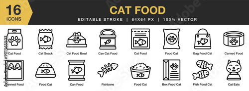 Cat Food icon set. Editable Stroke Icon Collection. Includes box food cat, can food, cat snack, fish bone, food cat, and More. Outline icons vector collection.