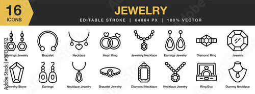 Jewelry icon set. Editable Stroke Icon Collection. Includes bracelet, diamond ring, heart ring, necklace, ring box, and More. Outline icons vector collection.