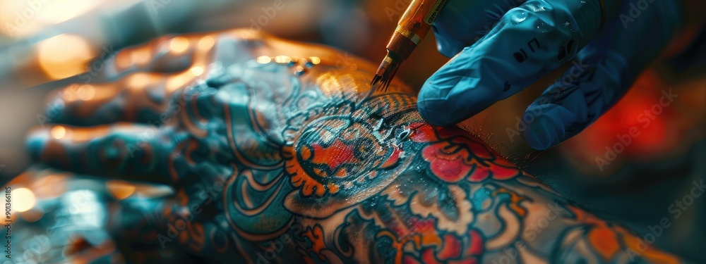 Obraz premium close-up of a tattoo artist stuffing a tattoo. Selective focus