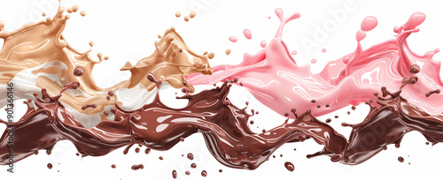 Set of chocolate, pink strawberry and milk splash collection isolated on white background