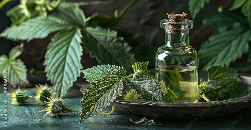Nettle essence for extracting cosmetic oils on a dark background