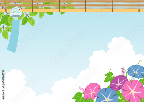 夏をイメージした風鈴と朝顔の背景_横
