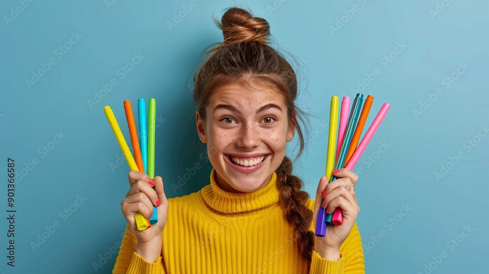 12. Creative woman with a ponytail, holding colored markers and making sketchy drawings, smiling brightly, against a clear and simple background 12. Creative woman with a ponytail, holding colored markers and making sketchy drawings, smiling brightly, against a clear and simple background